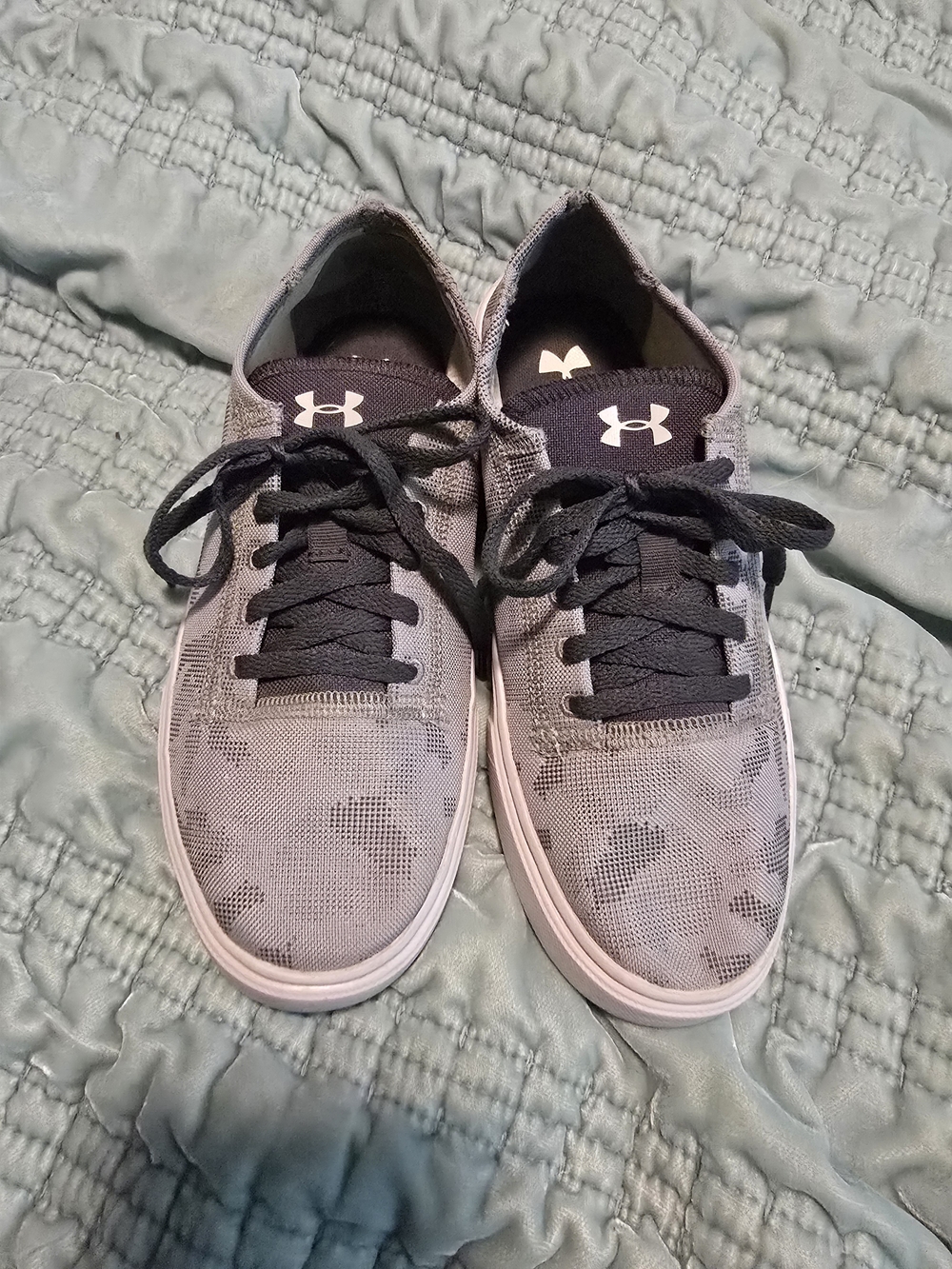Under Armour boys' Kickit 2 Low Utility shoes in a steel gray camo